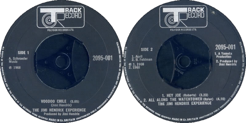 Discographie : 45 Tours : SP, EP, Maxi 45 tours 1970%20Polydor%202095001VoodooChile-HeyJoe-AllAlongTheWatchtowerLabel