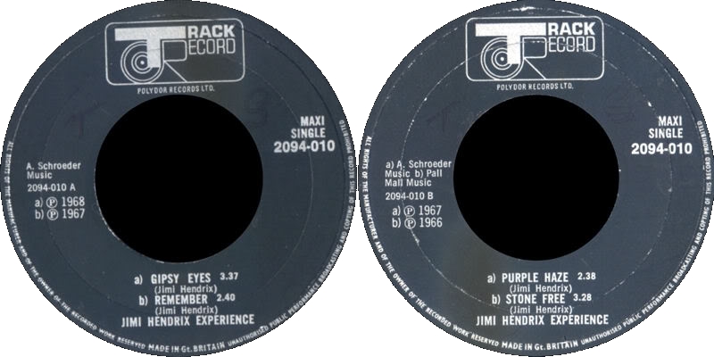 Discographie : 45 Tours : SP, EP, Maxi 45 tours - Page 3 1971%20Track%202094010-GypsyEyes-Remember-PurpleHaze-StoneFreeLabel