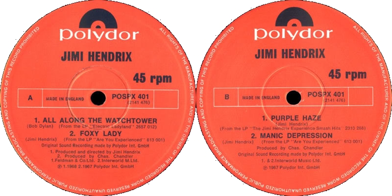 Discographie : 45 Tours : SP, EP, Maxi 45 tours - Page 6 1982%20Polydor%20POSPX401-AllAlongTheWatchtower-FoxyLady-PurpleHaze-ManicDepressionLabel